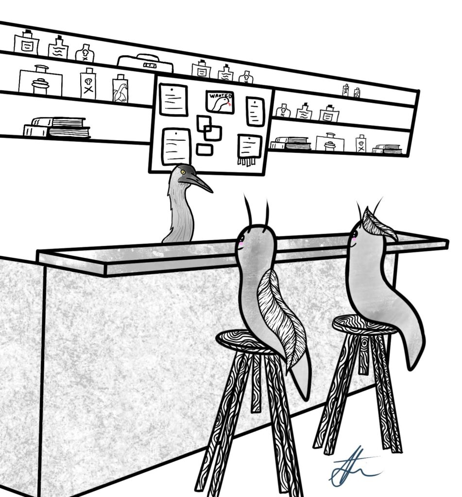 Two slugs seated at a bar